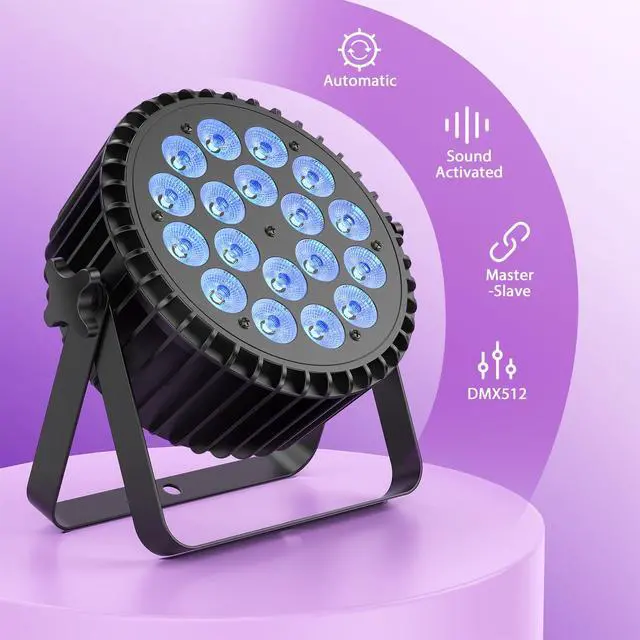 Alt view image 4 of 6 - 18x10W LED Stage Lights, RGB+UV Par Light with DMX512 & Sound Active Control, Professional Uplights for Halloween, Wedding, DJ, Club, Party, Live Show, Church, Event (2 Packs)