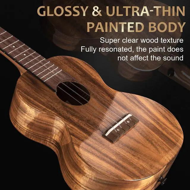 Alt view image 5 of 6 - All-Solid Acacia Electric Ukulele, 23 Inch Concert Ukelele Super Warm tone for Professional Beginners Adults Uke Kit W/Free Online Courses,Gig Bag,Strap,Tuner,Picks,Book,Humidifier,Clean Cloth