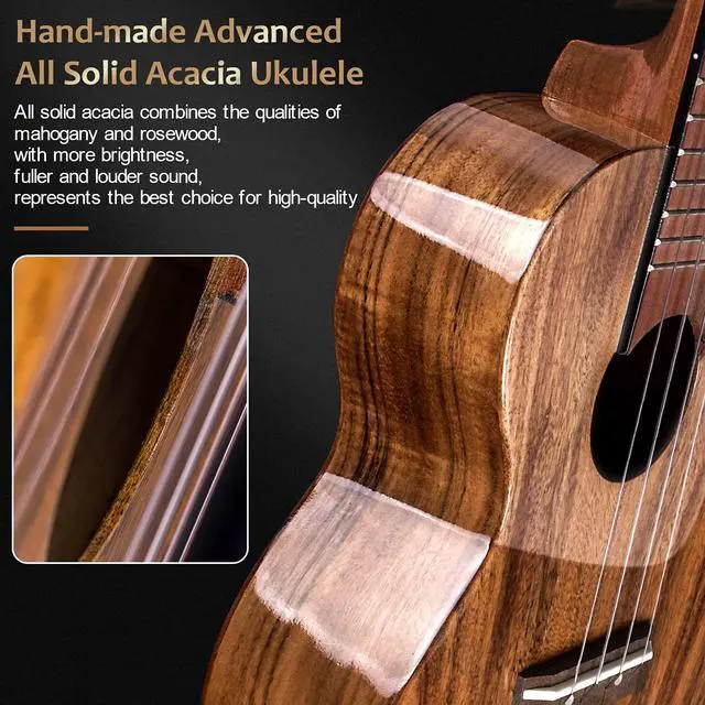Alt view image 6 of 6 - All-Solid Acacia Electric Ukulele, 23 Inch Concert Ukelele Super Warm tone for Professional Beginners Adults Uke Kit W/Free Online Courses,Gig Bag,Strap,Tuner,Picks,Book,Humidifier,Clean Cloth