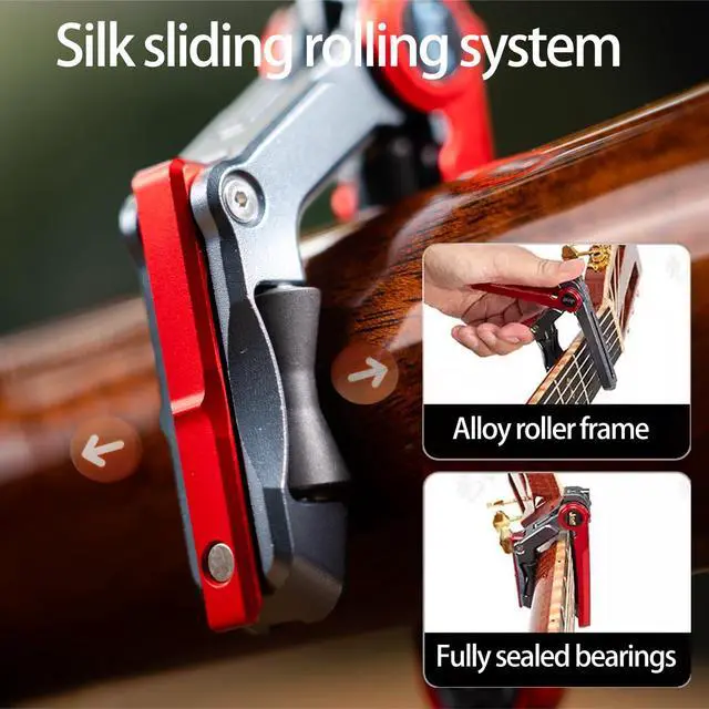 Alt view image 3 of 4 - 2025 Upgrade Rolling Guitar Capo, Aluminum Alloy - CNC Metal Carving Capo for Acoustic and Electric Guitars, Unique Folding and Hiding Design, Silky Smooth Movement, Precise Tuning. (RED)