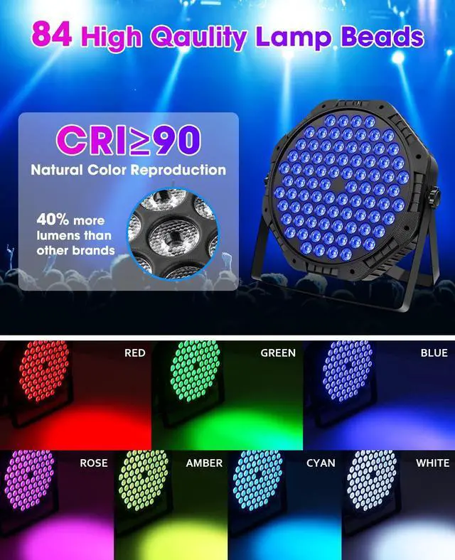 Alt view image 3 of 6 - 84LEDs Stage Lights 2 Pack 150W RGB Par Light Corded Party Uplights with Sound Activated and DMX Control for DJ, Disco, Wedding, Club, Bars, Birthday Party, Festivals Stage Lighting