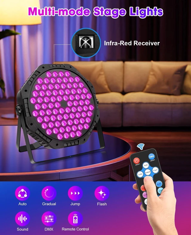 Alt view image 4 of 6 - 84LEDs Stage Lights 2 Pack 150W RGB Par Light Corded Party Uplights with Sound Activated and DMX Control for DJ, Disco, Wedding, Club, Bars, Birthday Party, Festivals Stage Lighting
