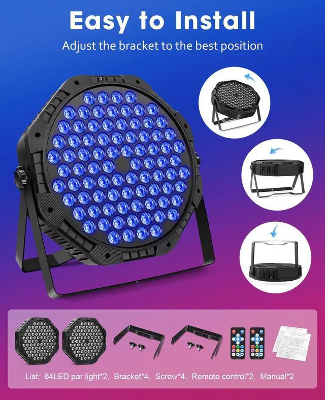 Alt view image 6 of 6 - 84LEDs Stage Lights 2 Pack 150W RGB Par Light Corded Party Uplights with Sound Activated and DMX Control for DJ, Disco, Wedding, Club, Bars, Birthday Party, Festivals Stage Lighting