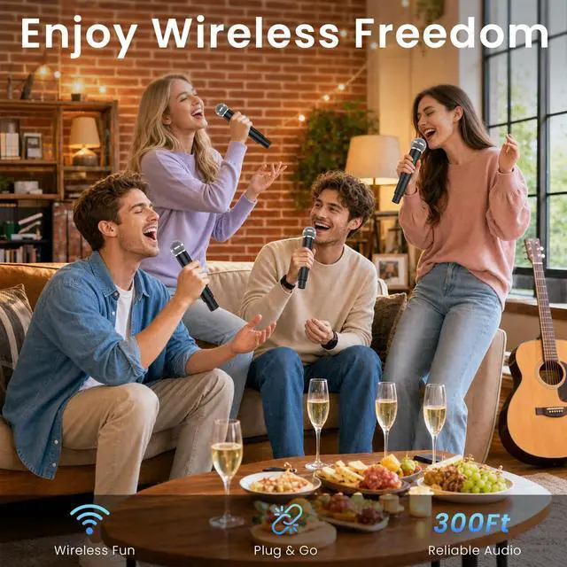 Alt view image 2 of 6 - 4-Channel Wireless Microphone System,Fixed Frequency Metal Cordless Mic,300FT Range, Dynamic Handheld Mics with Stable Signal Transmission for Karaoke Singing Party Church Wedding DJ