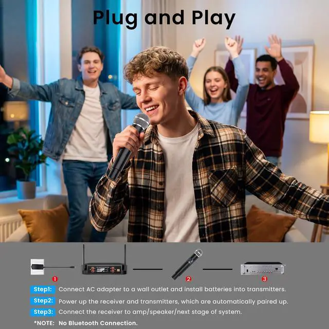 Alt view image 3 of 6 - 4-Channel Wireless Microphone System,Fixed Frequency Metal Cordless Mic,300FT Range, Dynamic Handheld Mics with Stable Signal Transmission for Karaoke Singing Party Church Wedding DJ