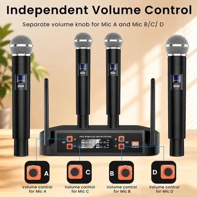 Alt view image 5 of 6 - 4-Channel Wireless Microphone System,Fixed Frequency Metal Cordless Mic,300FT Range, Dynamic Handheld Mics with Stable Signal Transmission for Karaoke Singing Party Church Wedding DJ