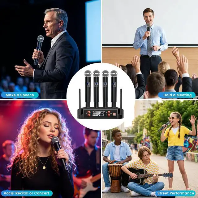 Alt view image 6 of 6 - 4-Channel Wireless Microphone System,Fixed Frequency Metal Cordless Mic,300FT Range, Dynamic Handheld Mics with Stable Signal Transmission for Karaoke Singing Party Church Wedding DJ