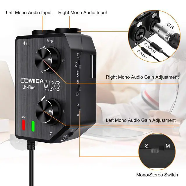Alt view image 2 of 6 - LINKFLEX.AD3 2-Channel XLR/3.5mm/6.35mm Microphone Audio Mixer Preamp with Phantom Power, Real-time Monitoring, Guitar Audio Interface Microphone for DSLR Cameras Camcorders Smartphones Tablets | XLR/