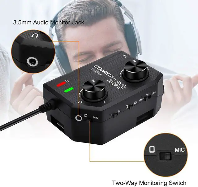 Alt view image 3 of 6 - LINKFLEX.AD3 2-Channel XLR/3.5mm/6.35mm Microphone Audio Mixer Preamp with Phantom Power, Real-time Monitoring, Guitar Audio Interface Microphone for DSLR Cameras Camcorders Smartphones Tablets | XLR/