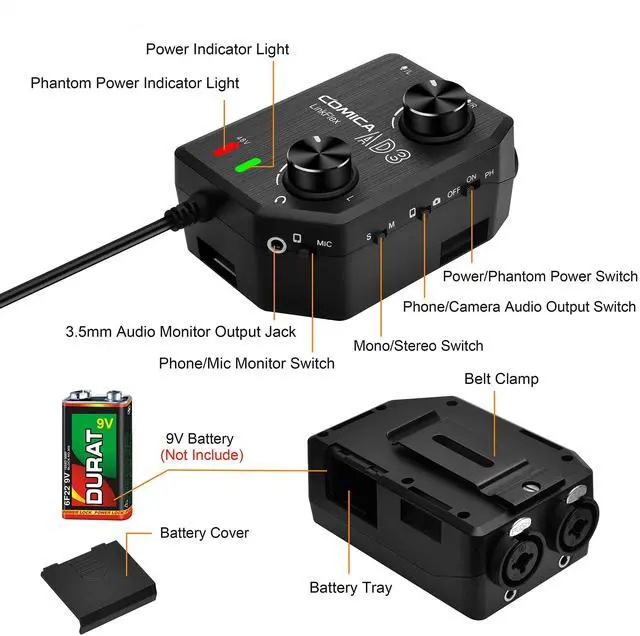 Alt view image 6 of 6 - LINKFLEX.AD3 2-Channel XLR/3.5mm/6.35mm Microphone Audio Mixer Preamp with Phantom Power, Real-time Monitoring, Guitar Audio Interface Microphone for DSLR Cameras Camcorders Smartphones Tablets | XLR/