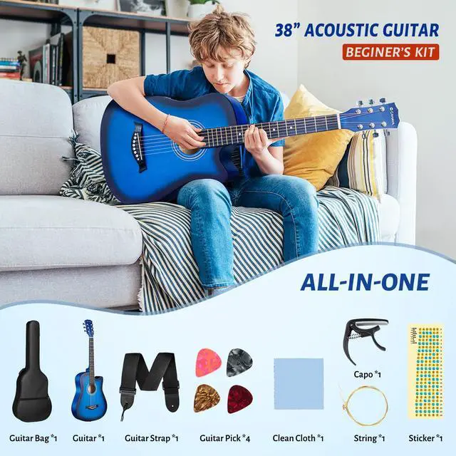 Alt view image 2 of 6 - Acoustic Guitar: For Beginner 38 Inch Cutaway All Wood Guitar Starter Kit for Kids Teenager Adults with Guitar bag, Brass strings, Capo, String Pick, Scale Stickers and Cloth CY0354