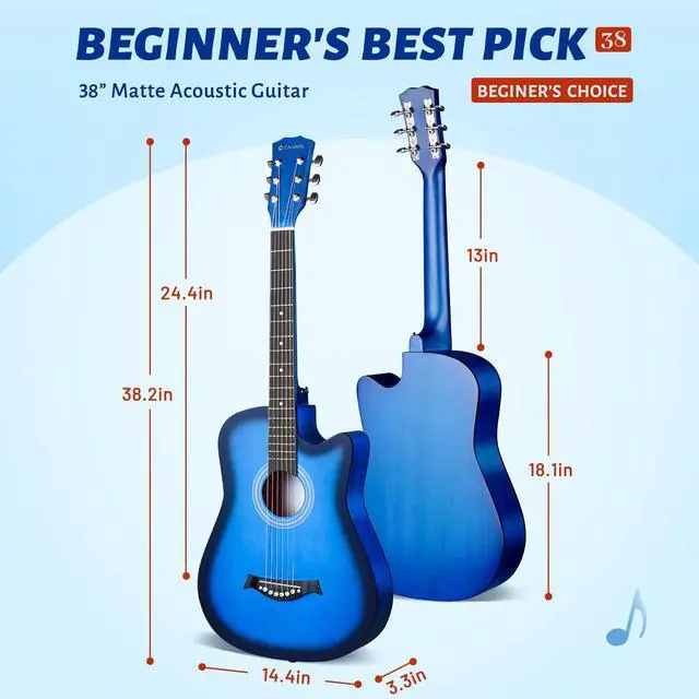 Alt view image 6 of 6 - Acoustic Guitar: For Beginner 38 Inch Cutaway All Wood Guitar Starter Kit for Kids Teenager Adults with Guitar bag, Brass strings, Capo, String Pick, Scale Stickers and Cloth CY0354