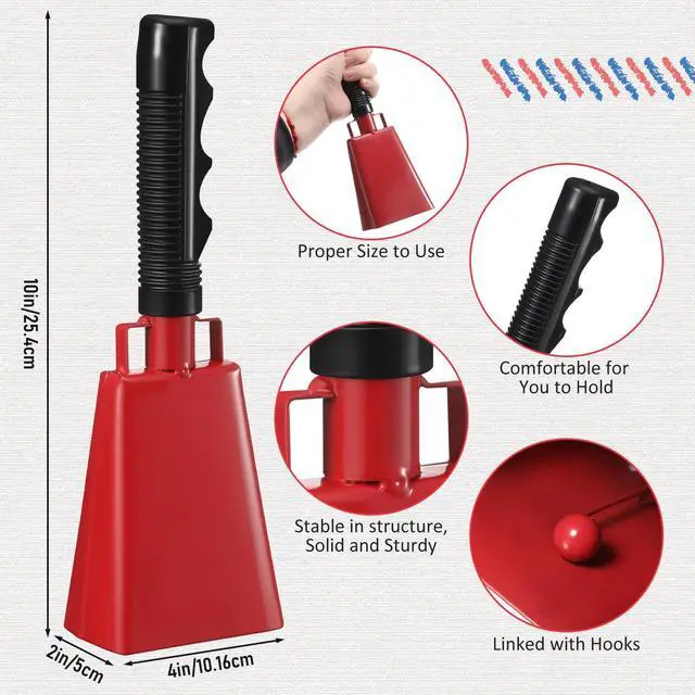 Alt view image 2 of 6 - 12 Pcs 10 Inch Cowbells with Handle Noise Makers,Red | Metal Cowbell at Sporting Events Football Games, Handheld Noisemakers for Wedding Party Classroom School Cheering Alarm Bell