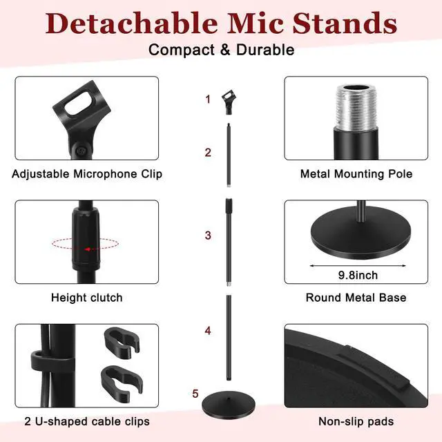 Alt view image 2 of 6 - 2 Sets Mic Stand Round Base Microphone Stand Universal Detachable Podcast Mic Stand for Singing Studio Stage Karaoke, Height Adjustable from 33" to 60", with Mic Clip, 3/8'' to 5/8''adapter