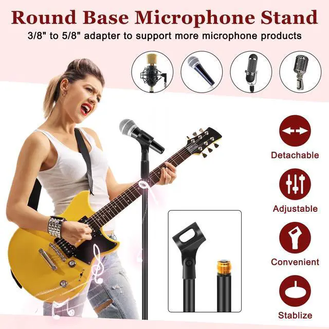 Alt view image 3 of 6 - 2 Sets Mic Stand Round Base Microphone Stand Universal Detachable Podcast Mic Stand for Singing Studio Stage Karaoke, Height Adjustable from 33" to 60", with Mic Clip, 3/8'' to 5/8''adapter