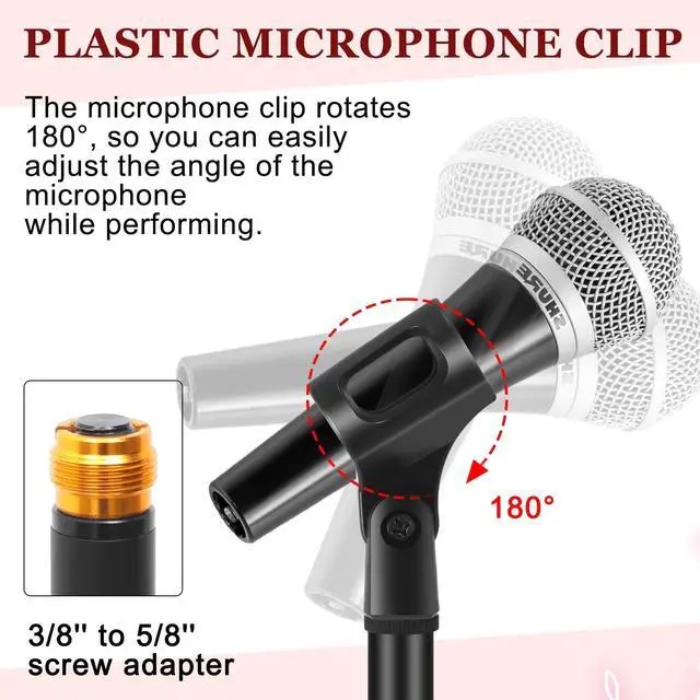 Alt view image 4 of 6 - 2 Sets Mic Stand Round Base Microphone Stand Universal Detachable Podcast Mic Stand for Singing Studio Stage Karaoke, Height Adjustable from 33" to 60", with Mic Clip, 3/8'' to 5/8''adapter