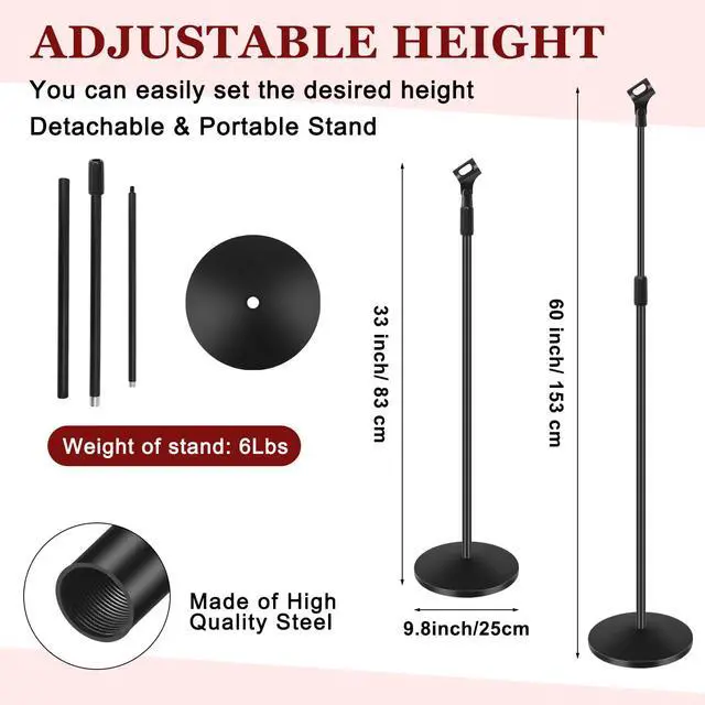 Alt view image 6 of 6 - 2 Sets Mic Stand Round Base Microphone Stand Universal Detachable Podcast Mic Stand for Singing Studio Stage Karaoke, Height Adjustable from 33" to 60", with Mic Clip, 3/8'' to 5/8''adapter