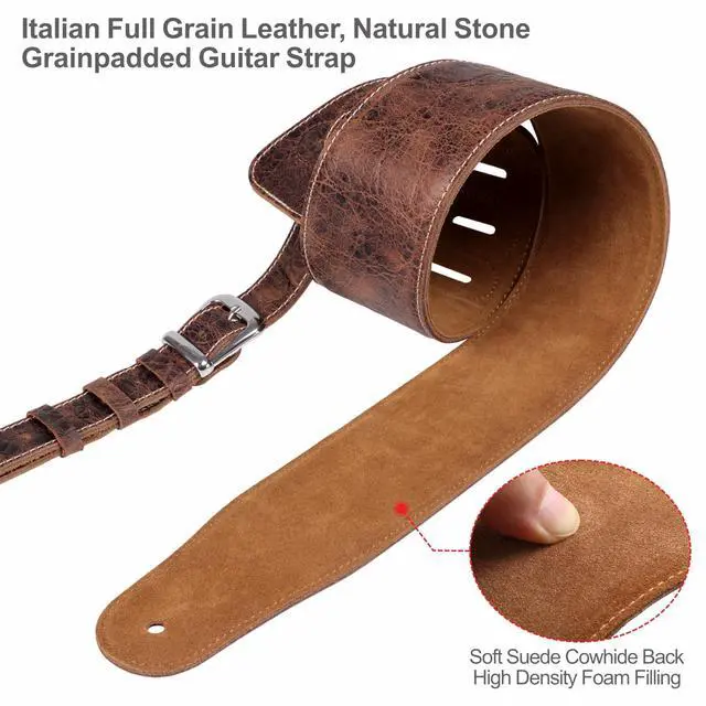 Alt view image 3 of 6 - 3" Wide Extended Guitar Strap, Full Grain Cowhide Leather with Foam Padding and Detachable Extension Strap for Heavy Duty Guitars like Bass and Electric Guitar
