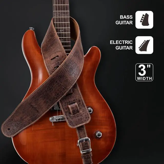 Alt view image 5 of 6 - 3" Wide Extended Guitar Strap, Full Grain Cowhide Leather with Foam Padding and Detachable Extension Strap for Heavy Duty Guitars like Bass and Electric Guitar