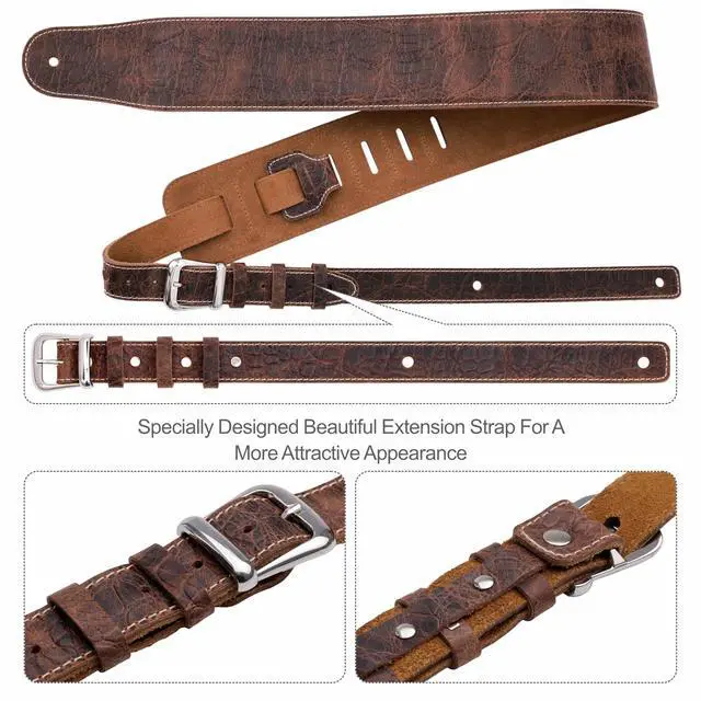 Alt view image 6 of 6 - 3" Wide Extended Guitar Strap, Full Grain Cowhide Leather with Foam Padding and Detachable Extension Strap for Heavy Duty Guitars like Bass and Electric Guitar
