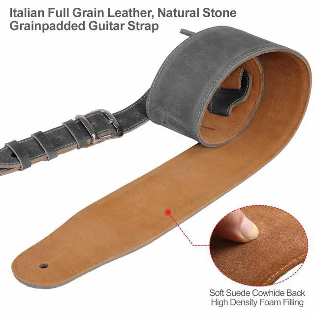 Alt view image 3 of 6 - 3" Wide Extended Guitar Strap, Full Grain Cowhide Leather with Foam Padding and Detachable Extension Strap for Heavy Duty Guitars like Bass and Electric Guitar