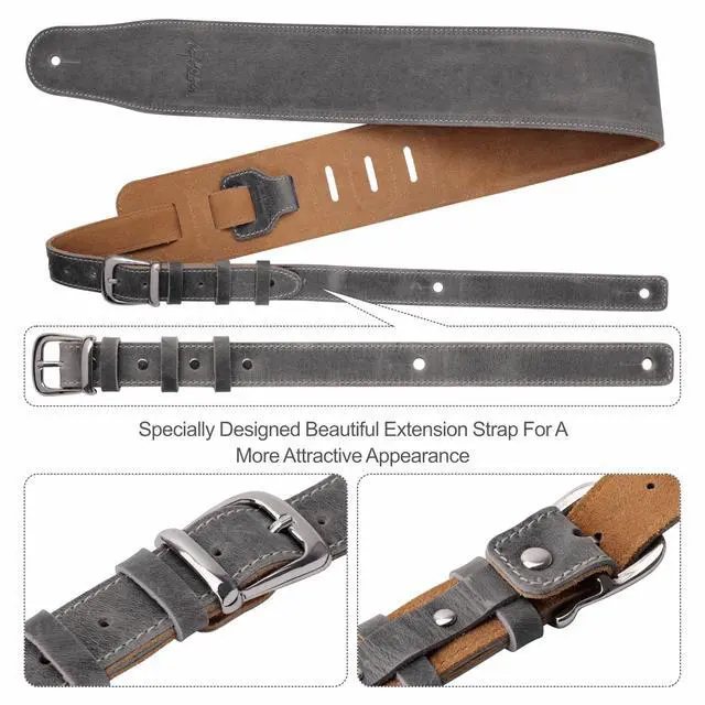 Alt view image 6 of 6 - 3" Wide Extended Guitar Strap, Full Grain Cowhide Leather with Foam Padding and Detachable Extension Strap for Heavy Duty Guitars like Bass and Electric Guitar