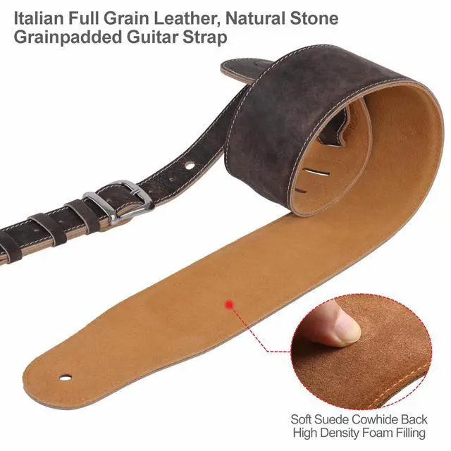Alt view image 3 of 6 - 3" Wide Extended Guitar Strap, Full Grain Cowhide Leather with Foam Padding and Detachable Extension Strap for Heavy Duty Guitars like Bass and Electric Guitar