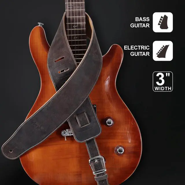 Alt view image 5 of 6 - 3" Wide Extended Guitar Strap, Full Grain Cowhide Leather with Foam Padding and Detachable Extension Strap for Heavy Duty Guitars like Bass and Electric Guitar