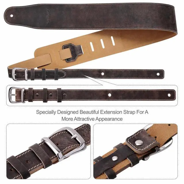 Alt view image 6 of 6 - 3" Wide Extended Guitar Strap, Full Grain Cowhide Leather with Foam Padding and Detachable Extension Strap for Heavy Duty Guitars like Bass and Electric Guitar