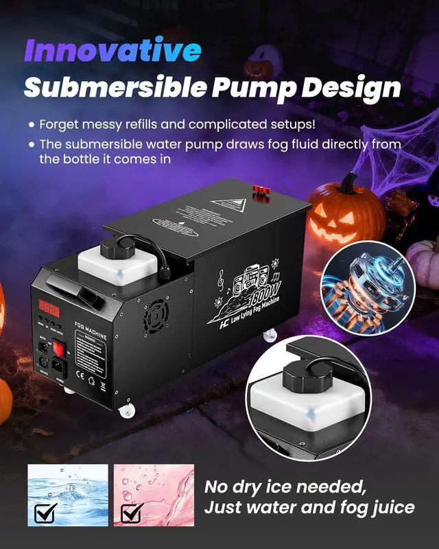 Alt view image 6 of 6 - Low Lying Fog Machine, 1800W Water Based Ground Fog Machine with Remote, DMX 512 & Manual Control | High-Output Submersible Fog Machine for Halloween Party, Wedding, DJ Stage, Haunted House Effects