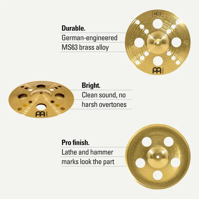 Alt view image 5 of 6 - Meinl 12" Trash Stack Cymbal Pair with Holes - HCS Traditional Finish Brass for Drum Set, Made In Germany, (HCS12TRS) | Durable Brass Alloy, Bright & Musical Sound, Beginner Friendly Made by the Sam