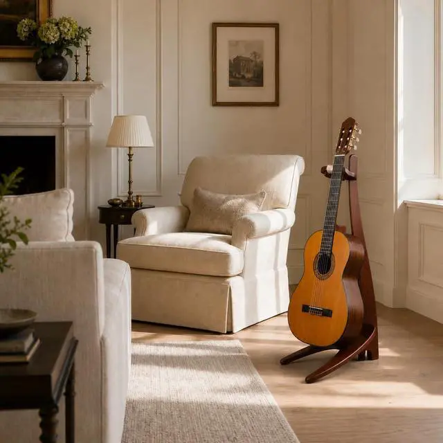 Alt view image 2 of 6 - Wooden Guitar Stand, Walnut Color | Handmade, Solid Semi-curved Design, Floor Stand, For Acoustic, Classical Guitars, Banjos, Mandolins