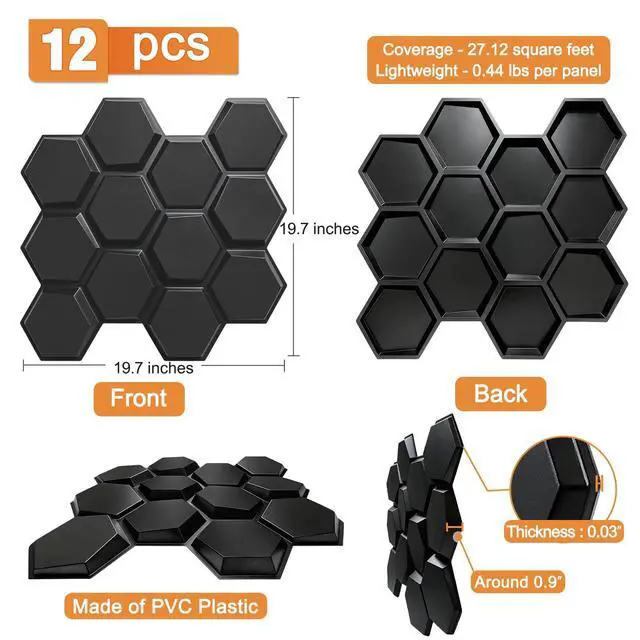 Alt view image 2 of 6 - Hexagon Acoustic Sound Diffuser Panels, 19.7 X 19.7 X 0.9 inches 12 Pcs Black PVC Plastic 3D Wall Panel, Recording Studio Acoustical Treatment Diffusion panel, Art Decorative Ceiling Tiles