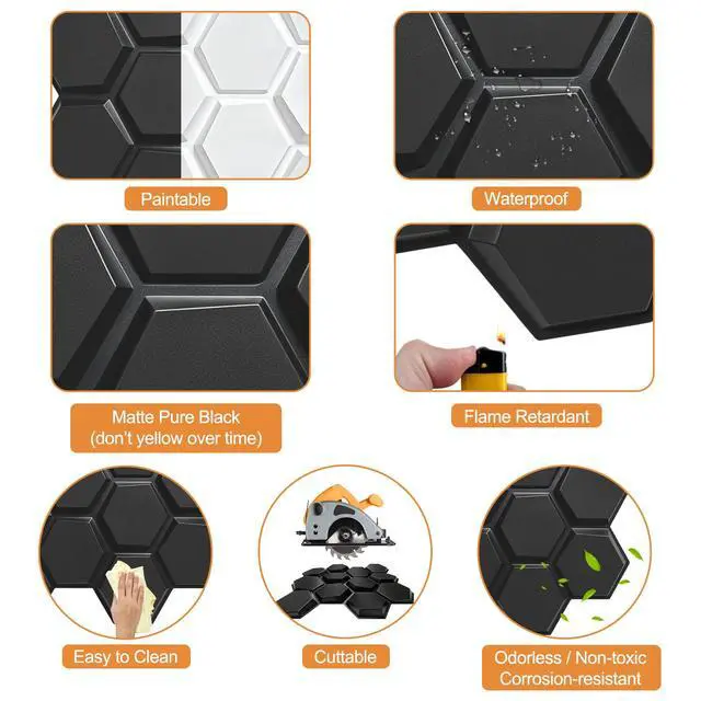 Alt view image 4 of 6 - Hexagon Acoustic Sound Diffuser Panels, 19.7 X 19.7 X 0.9 inches 12 Pcs Black PVC Plastic 3D Wall Panel, Recording Studio Acoustical Treatment Diffusion panel, Art Decorative Ceiling Tiles