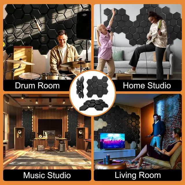 Alt view image 5 of 6 - Hexagon Acoustic Sound Diffuser Panels, 19.7 X 19.7 X 0.9 inches 12 Pcs Black PVC Plastic 3D Wall Panel, Recording Studio Acoustical Treatment Diffusion panel, Art Decorative Ceiling Tiles