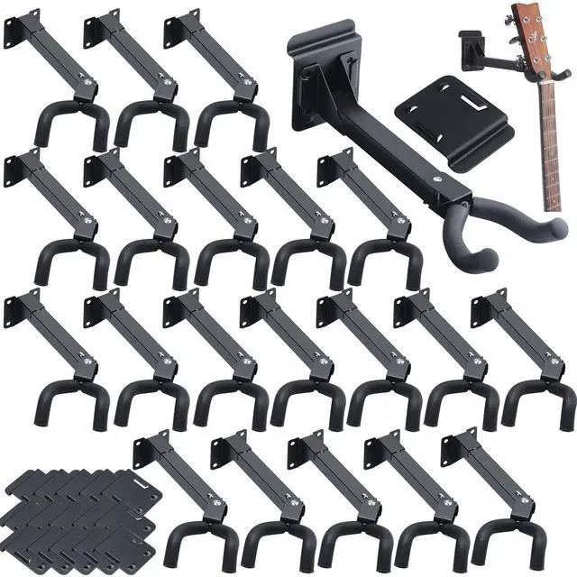 Main image of 20 Pcs Guitar Hanger Wall Mount Guitar Hangers Hooks Holders with Slat Adapter 180° Adjustable Black Hook Stand Wall Mount for Acoustic Electric Bass