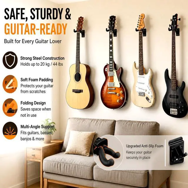 Alt view image 5 of 6 - 20 Pcs Guitar Hanger Wall Mount Guitar Hangers Hooks Holders with Slat Adapter 180° Adjustable Black Hook Stand Wall Mount for Acoustic Electric Bass