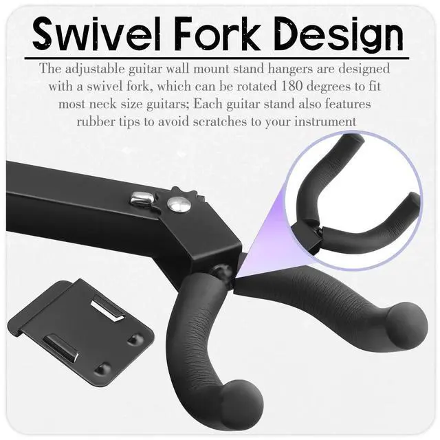 Alt view image 6 of 6 - 20 Pcs Guitar Hanger Wall Mount Guitar Hangers Hooks Holders with Slat Adapter 180° Adjustable Black Hook Stand Wall Mount for Acoustic Electric Bass