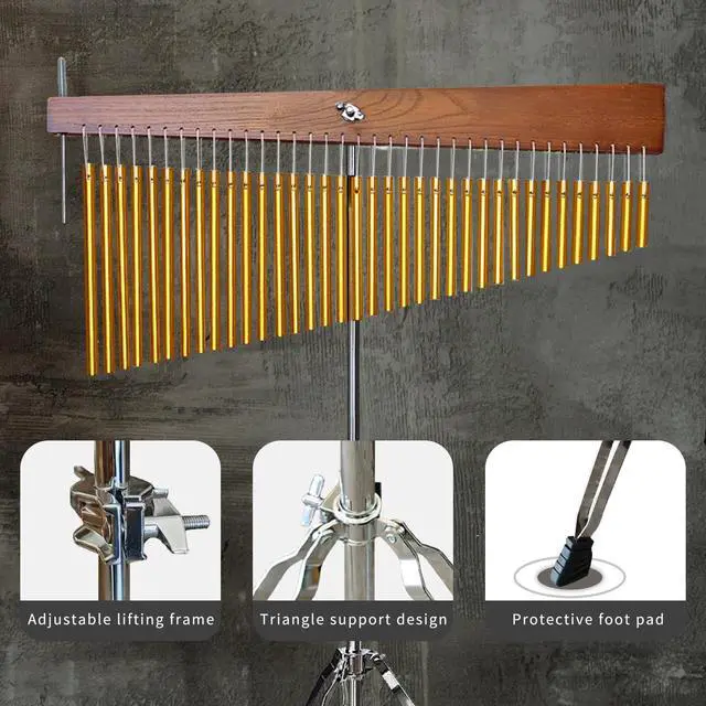 Alt view image 3 of 6 - 36 Note Adjustable Height Wind Chime Single-row Percussion Chime with Collapsible Tripod Stand Bar Chime for Class Yoga Gold
