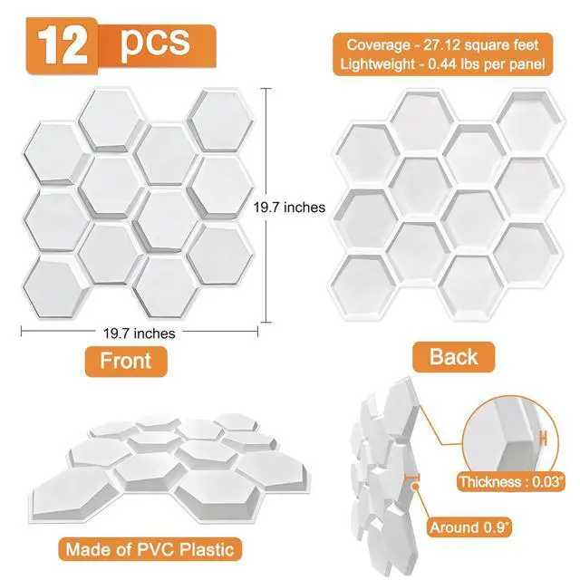 Alt view image 2 of 6 - Hexagon Acoustic Sound Diffuser Panels, 19.7 X 19.7 X 0.9 inches 12 Pcs White PVC Plastic 3D Wall Panel, Recording Studio Acoustical Treatment Diffusion panel, Art Decorative Ceiling Tiles