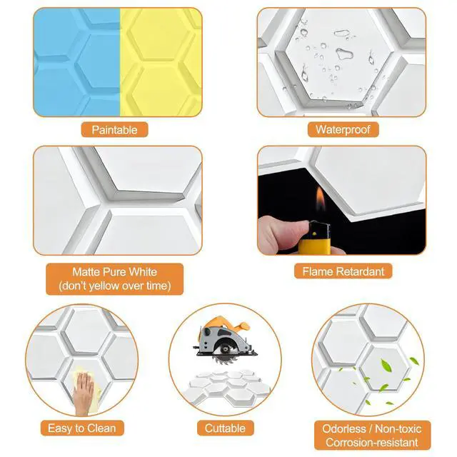 Alt view image 4 of 6 - Hexagon Acoustic Sound Diffuser Panels, 19.7 X 19.7 X 0.9 inches 12 Pcs White PVC Plastic 3D Wall Panel, Recording Studio Acoustical Treatment Diffusion panel, Art Decorative Ceiling Tiles