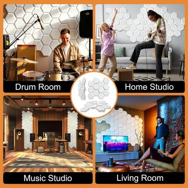 Alt view image 5 of 6 - Hexagon Acoustic Sound Diffuser Panels, 19.7 X 19.7 X 0.9 inches 12 Pcs White PVC Plastic 3D Wall Panel, Recording Studio Acoustical Treatment Diffusion panel, Art Decorative Ceiling Tiles