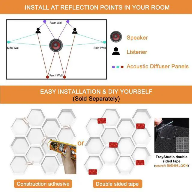 Alt view image 6 of 6 - Hexagon Acoustic Sound Diffuser Panels, 19.7 X 19.7 X 0.9 inches 12 Pcs White PVC Plastic 3D Wall Panel, Recording Studio Acoustical Treatment Diffusion panel, Art Decorative Ceiling Tiles