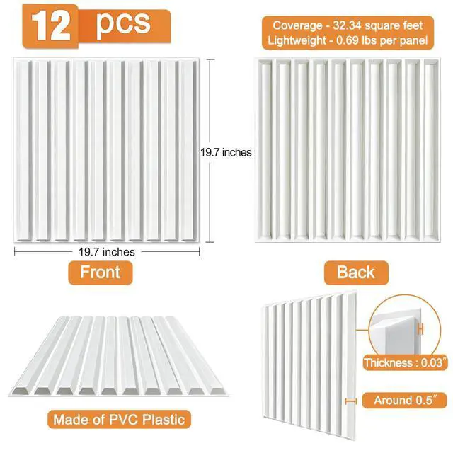 Alt view image 3 of 5 - Slat Acoustic Sound Diffuser Panels, 19.7 X 19.7 X 0.5 inches 12 Pcs White PVC Plastic 3D Wall Panel, Recording Studio Acoustical Treatment Diffusion panel, Art Decorative Ceiling Tiles