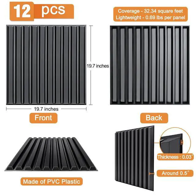 Alt view image 2 of 5 - Slat Acoustic Sound Diffuser Panels, 19.7 X 19.7 X 0.5 inches 12 Pcs Black PVC Plastic 3D Wall Panel, Recording Studio Acoustical Treatment Diffusion panel, Art Decorative Ceiling Tiles