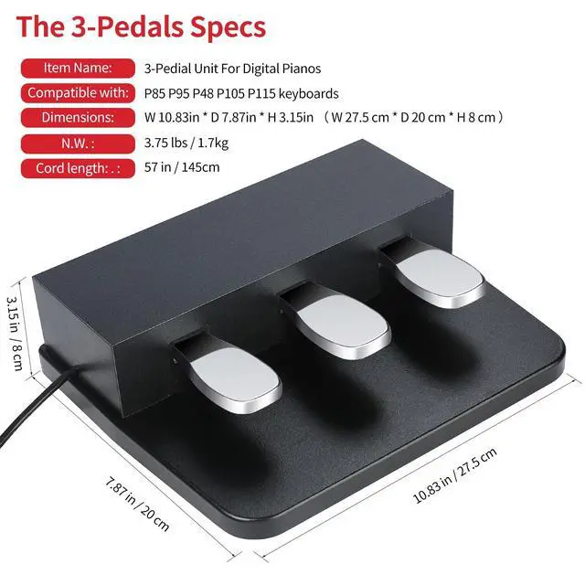 Alt view image 3 of 6 - 3-pedal for digital keyboard piano, Three pedal unit for yamaha P85 P95 P48 P105 P115 Electric pianos keyboards