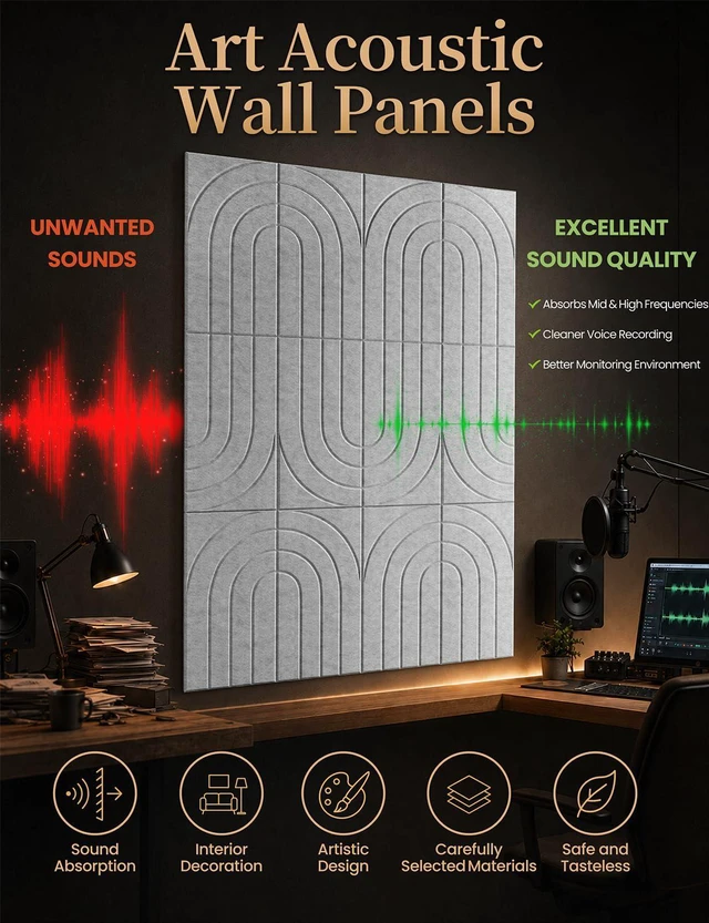 Alt view image 5 of 6 - Acoustic Wall Panels 12PCS 12x24 In Sound Absorbing Panels, Gray | Self-Adhesive Acoustic Panels For Walls, Decorative Acoustical Wall Panels For Home Office Recording Studio Wall Decor