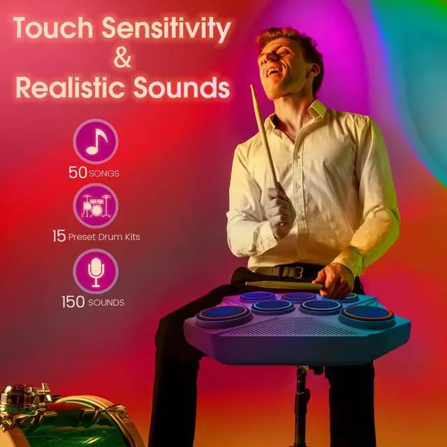 Alt view image 2 of 6 - Electronic Tabletop Drum Set, Portable Digital Drum Kit 7 Velocity Sensitivity Drum Pads, LED Music Level Light, USB-MIDI Mac & PC Support, Ideal Gift for Adult and Beginners