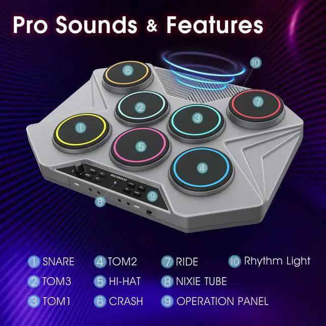 Alt view image 3 of 6 - Electronic Tabletop Drum Set, Portable Digital Drum Kit 7 Velocity Sensitivity Drum Pads, LED Music Level Light, USB-MIDI Mac & PC Support, Ideal Gift for Adult and Beginners