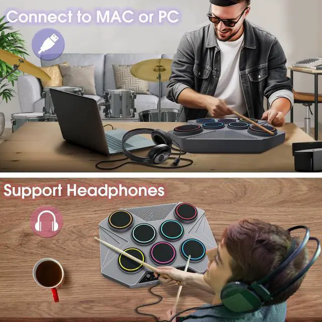 Alt view image 4 of 6 - Electronic Tabletop Drum Set, Portable Digital Drum Kit 7 Velocity Sensitivity Drum Pads, LED Music Level Light, USB-MIDI Mac & PC Support, Ideal Gift for Adult and Beginners